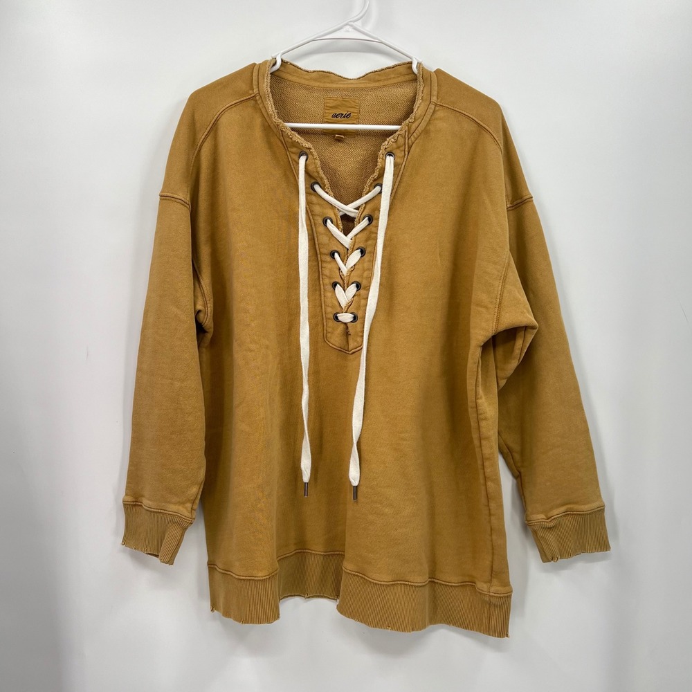 Aerie Mustard Yellow Lace Up Neck Sweatshirt Pullover Distressed Raw Hem M